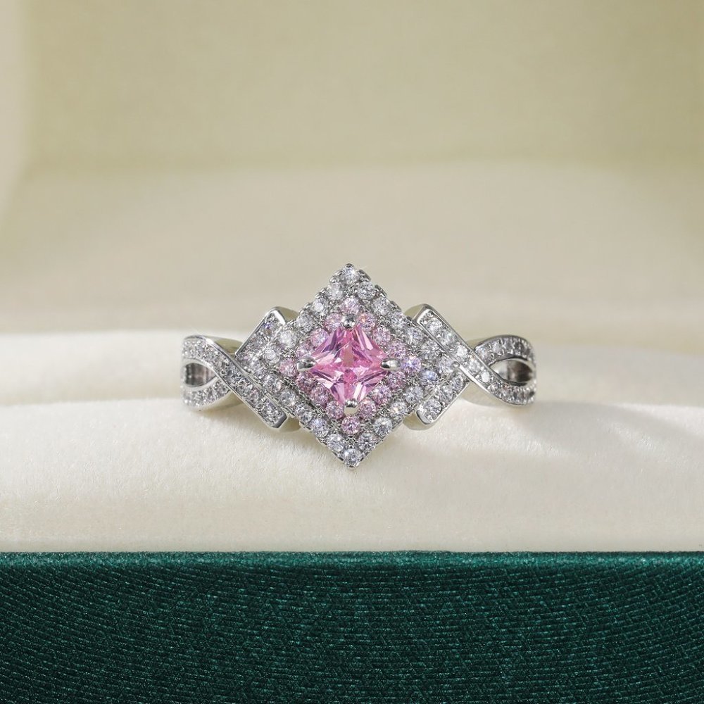 🌸Beautiful Silver Pure Pink Double Layer Weave Princess Cut CZ Ring, K832 - Picture 9 of 9